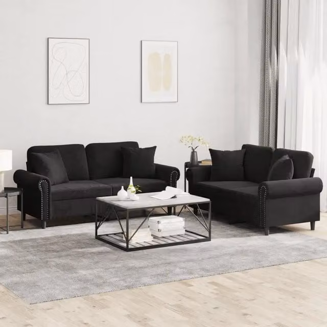 Set di 2 divani vidaXL in velluto nero con cuscini per soggiorno in stile moderno