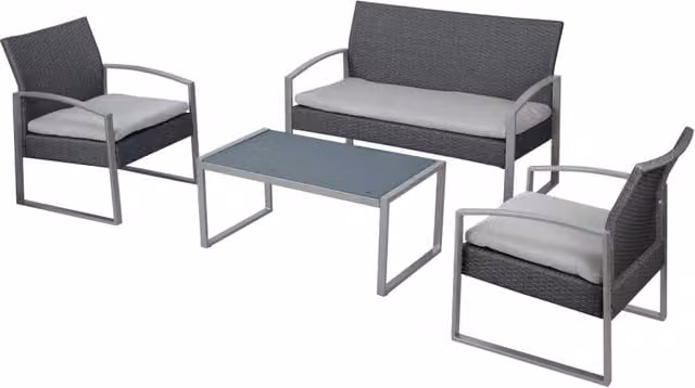 Salotto da esterno divano, due poltrone e tavolino metallo grigio e rattan sintetico grigio scuro Fredi Shewa