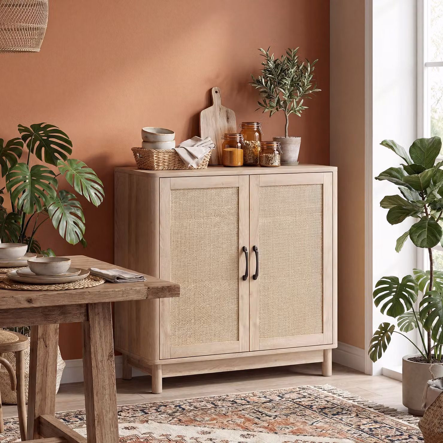 Buffet HOMCOM per soggiorno in rovere con ante in rattan e mensola regolabile, L: 76 cm, P: 35 cm, H: 75,5 cm – 2