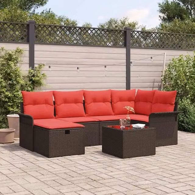 Set Divano da Giardino 7 pz Marrone e Rosso polyrattan 3358893