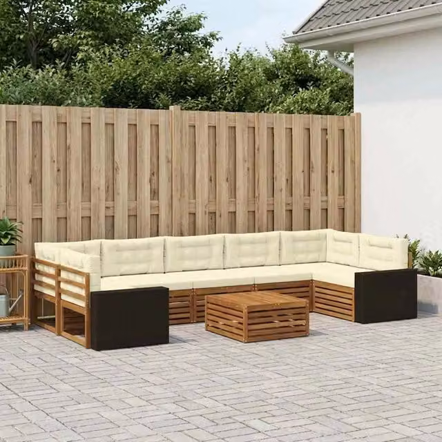 Set di divani da esterno a forma di U vidaXL in legno di acacia con cuscini beige e bianchi e tavolino da giardino