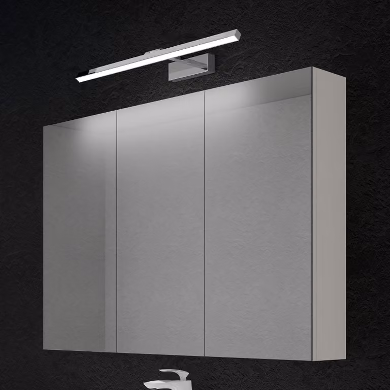 doporro Armadietto a Specchio 100x15x70cm con Lampada da Specchio LED per Bagno 60cm, 14W 4000K, Specchiera Bagno Mobilettto da Parete Bianco con 3 Ante e Applique Specchio Cromo, Spiegelschrank 02