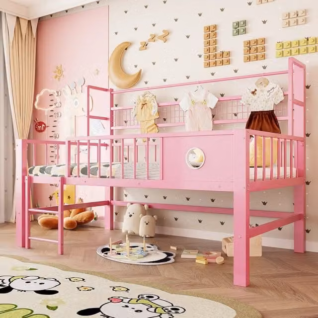 Letto a soppalco basso per bambini MINIMAL in metallo rosa L/P/H: 204 x 90 x 125,5 cm