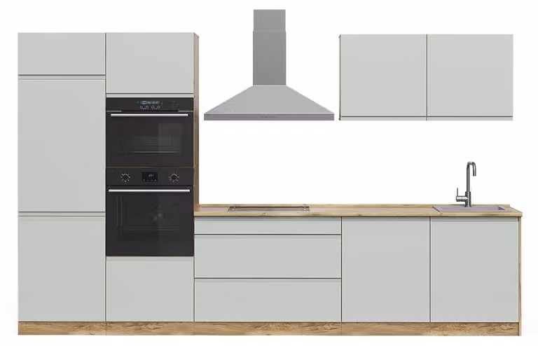 Cucina componibile Vicco R-Line Verde pastello/Rovere dorato 340 cm piano di lavoro Bianco, Model 70597