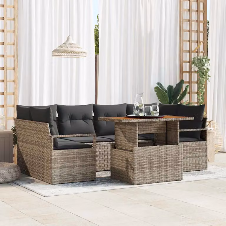 Set Divano da Giardino Moderno vidaXL in 7 Pezzi in Polyrattan Grigio con Cuscini e Tavolino da Esterno