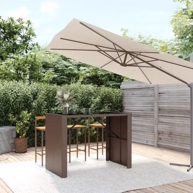 Tavolo da bar moderno vidaXL in polyrattan con piano in vetro, marrone e nero, L: 145 cm, P: 80 cm, H: 110 cm
