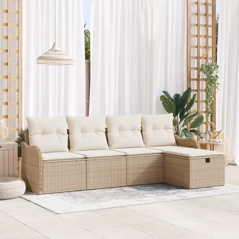 Set Divano da Giardino vidaXL 5 Pezzi in Poly Rattan con Cuscini Beige e Grigio e Struttura in Acciaio Verniciato a Polvere