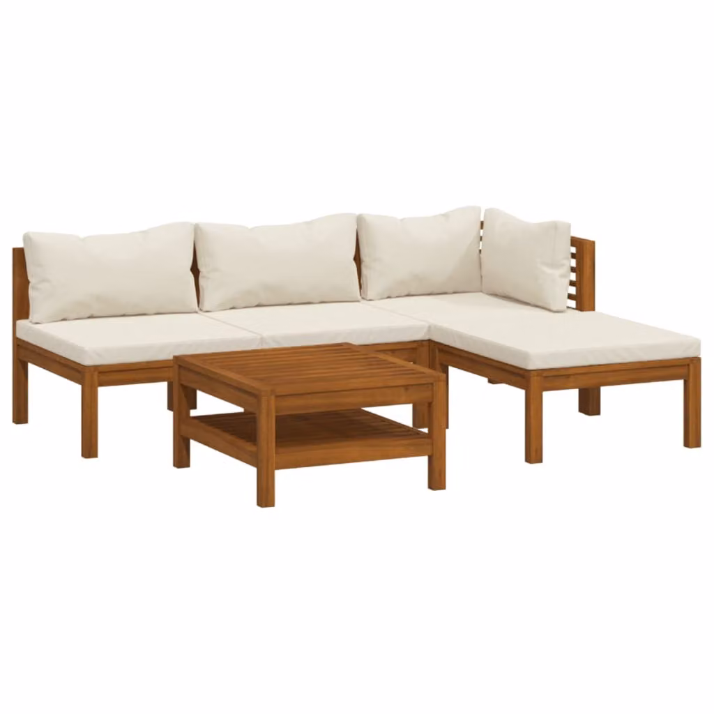 Set Divani da Giardino 5 pz con Cuscini Crema in Legno Acacia