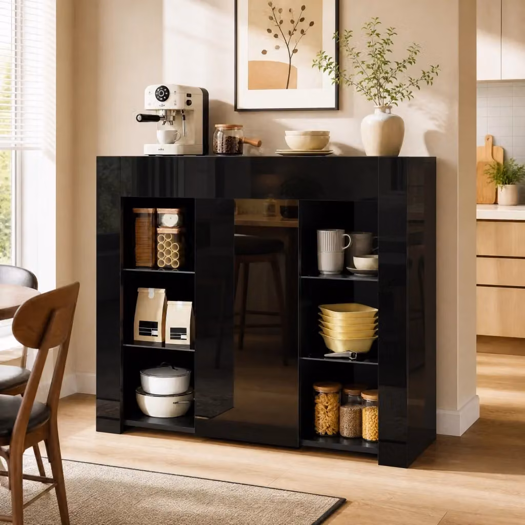 Buffet moderno MODFU nero opaco con ripiani in vetro trasparente L/P/H: 95 x 35 x 83 cm – 2