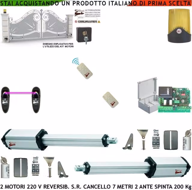 Automatismo Ricambio Cancello da 7 Metri 2 Ante da 3,5 Metri Motori Elettromeccanici 230 V Stelo Retrattile Reversibile Corsa 600 mm Spinta 250 Kg Centrale 2 Radiocomandi Fotocellule Faro Selettore