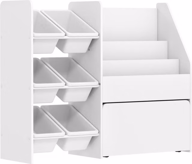 Contenitore per giocattoli mobile AIYAPLAY per bambini con 6 cassettini rimovibili e ruote, Bianco, L 100 cm x P 30 cm x H 80 cm