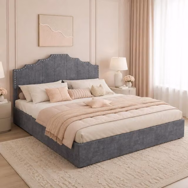 Letto Mivray con testiera imbottita geometrica e rete a doghe in tessuto grigio L/P: 160 x 200 cm