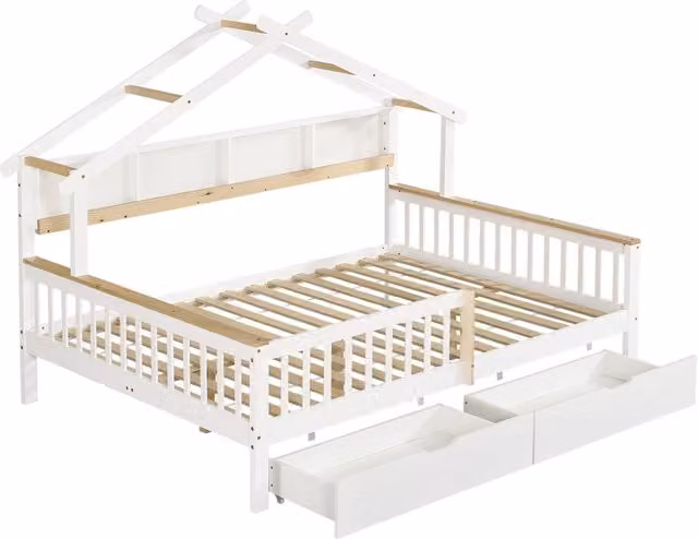 Letto per bambini 140x200 cm in legno di pino e MDF con protezioni laterali, design a casetta, doppio cassetto su ruote, bianco e naturale