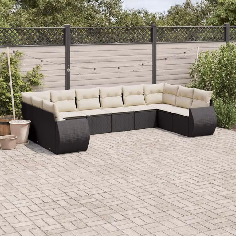 vidaXL Set Divani da Giardino 10 Pezzi in Polyrattan Nero con Cuscini Imbottiti e Rivestimenti Rimovibili