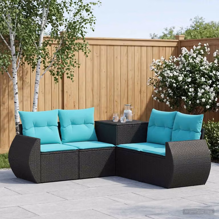 Set di divani da giardino vidaXL a forma di L con cuscini in tessuto, colore nero e blu turchese, in polyrattan e metallo