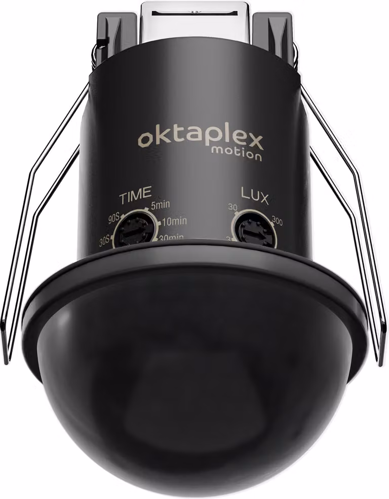 Sensore di movimento a soffitto Oktaplex Kim, tecnologia PIR, da incasso, mini, diametro 44mm, campo visivo 360°, portata 8 metri, grado di protezione IP54, colore nero. Sensore di presenza