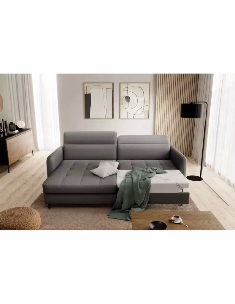 Divano ad angolo GOUMSI Meublorama colore Grigio scuro con funzione letto e poggiatesta regolabile, L/P/H: 228 x 165 x 128 cm – 2