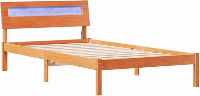 Letto singolo per adulti in pino massello marrone cerato con porta di ricarica USB e doghe in legno L: 190 cm, P: 80 cm – 1