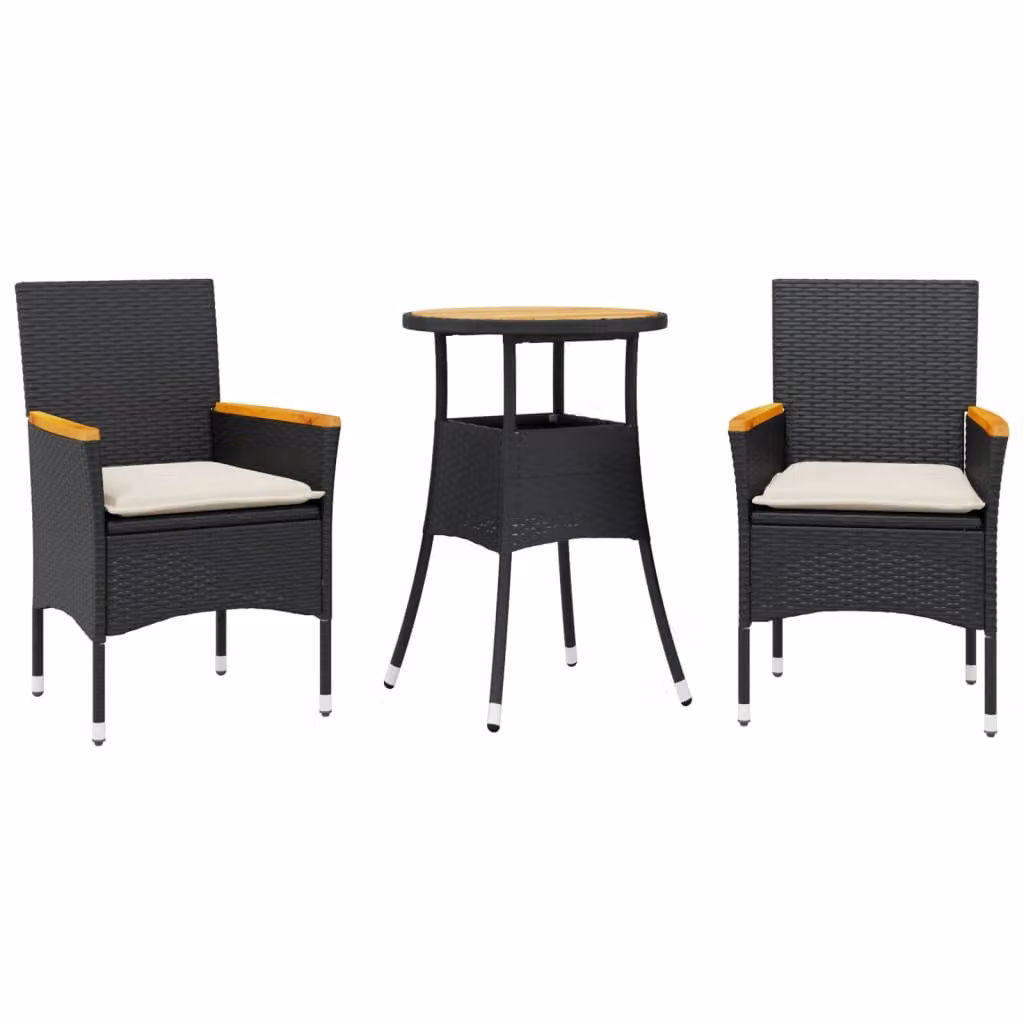 Set Pranzo da Giardino 3 pz con Cuscini Nero Polyrattan Acacia