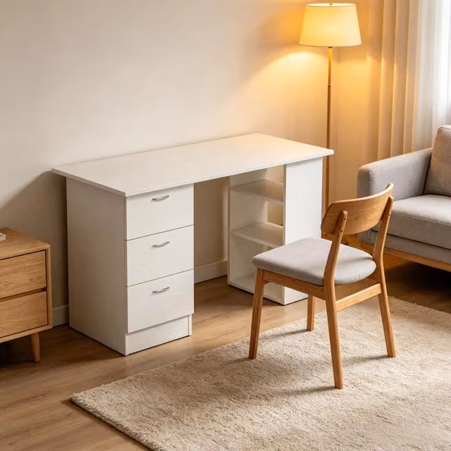 Scrivania lineare OKWISH in MDF bianco con 3 cassetti e 3 ripiani aperti per ufficio o camera da letto L: 120 cm, P: 49 cm, H: 72 cm