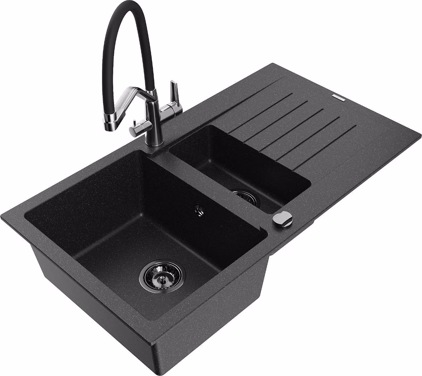 Mexen Matias lavello in granito 1,5 vasche con sgocciolatoio e miscelatore Duo, nero/argento - 6502-73-671701-07-B