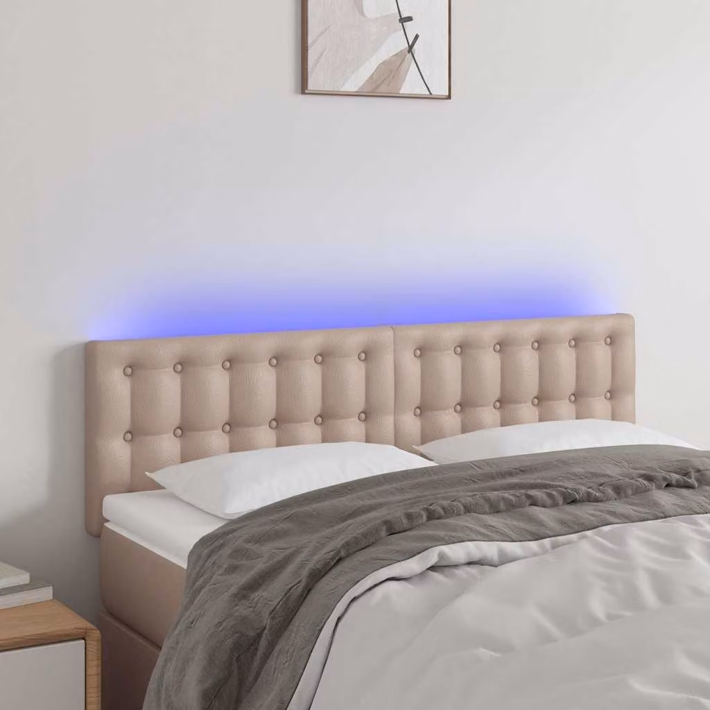 Testiera per letto vidaXL in similpelle color cappuccino con illuminazione LED e porta di ricarica USB, L 144 cm x P 5 cm x H 78-88 cm