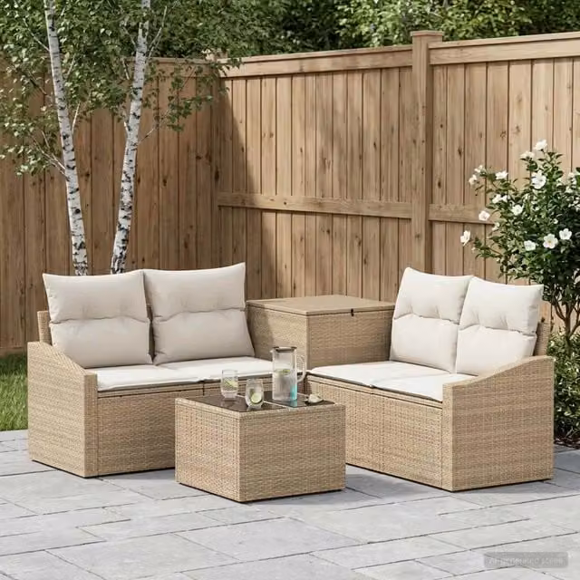 Set di divani da giardino a forma di U vidaXL in polyrattan beige e bianco con tavolino da caffè e pouf coordinato
