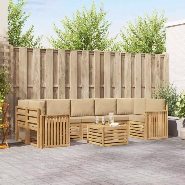 Set di divani da esterno vidaXL a forma di L con tavolo da caffè, composto da 8 pezzi in legno di acacia e tessuto resistente ai raggi UV, colore bianco e beige