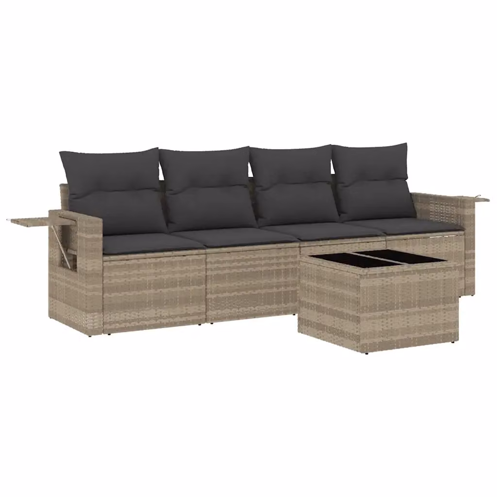 Set Divano da Giardino vidaXL 5 Pezzi in Polyrattan con Cuscini Grigio Chiaro e Tavolino – 2