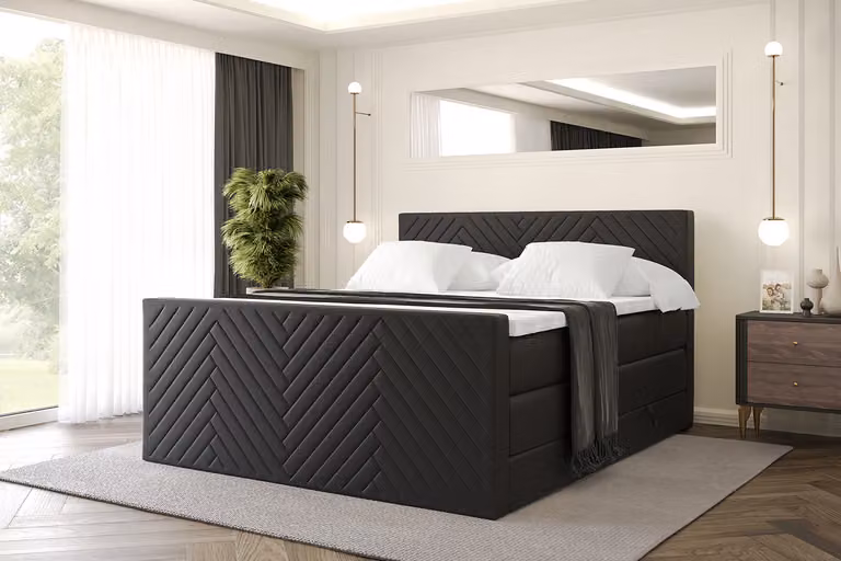 Letto boxspring ALTDECOR con materasso e rete a doghe, topper, letto imbottito con contenitore, letto con spazio contenitivo per materassi H3 e H4, letto matrimoniale, letto boxspring -VEXA-Z KING-140x200 - Ecopelle nera