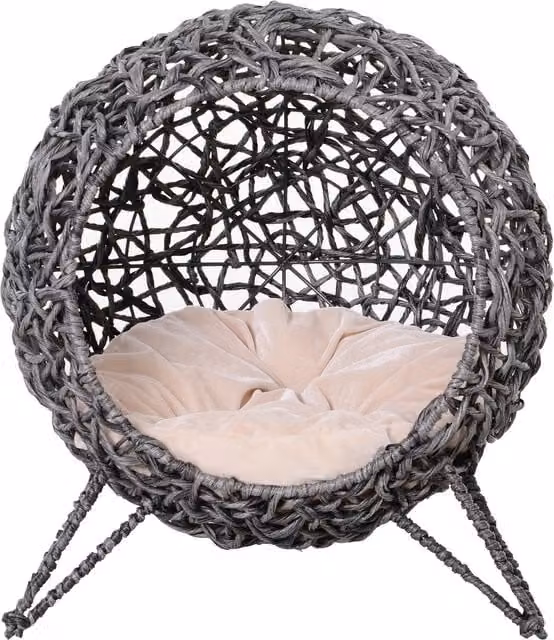 PawHut Cestino per gatto a forma di grotta in resina effetto rattan grigio con cuscino morbido, Ø 52 x H 58 cm