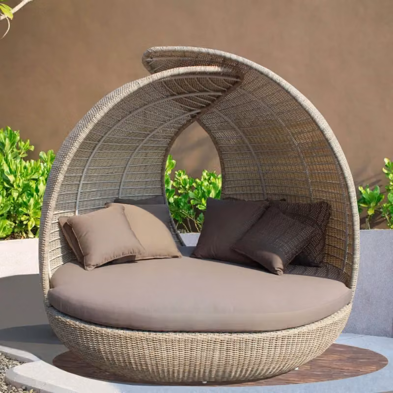 Divano da giardino COSMA Conchiglione Palma con cuscini marroni e struttura in metallo e rattan – 2