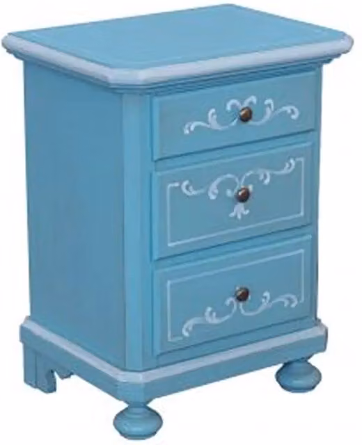Comodino KIVIO in legno massiccio azzurro anticato modello Napoli con decoro provenzale floreale e dettagli bianchi