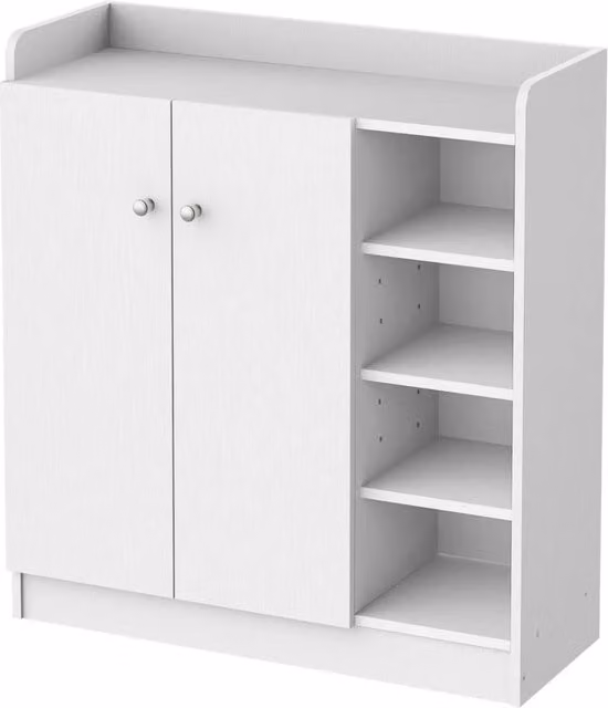 Scarpiera con 2 ante, 4 ripiani aperti e piano d'appoggio per ingresso, in legno bianco, 83 × 30 × 90 cm