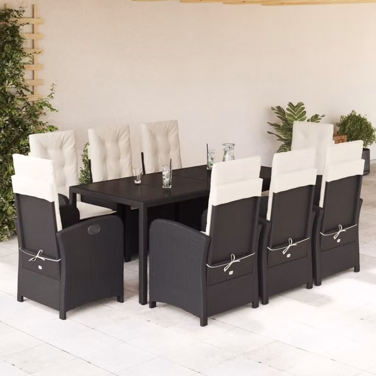 Set da Pranzo da Giardino vidaXL in Polyrattan Nero con Cuscini e Tavolo in Vetro, 9 Pezzi