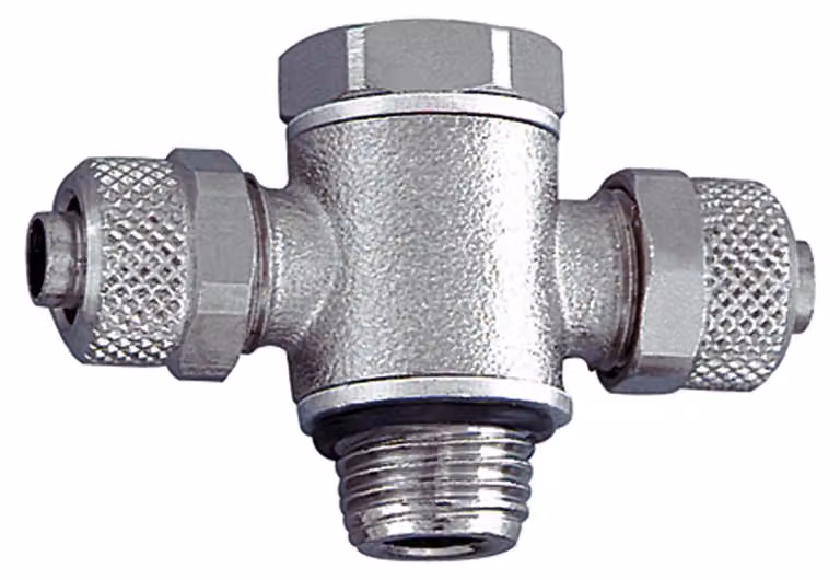 Raccordo girevole a T Riegler, O-ring, G 1/2 a., tubo 10/8, MS nichelato.