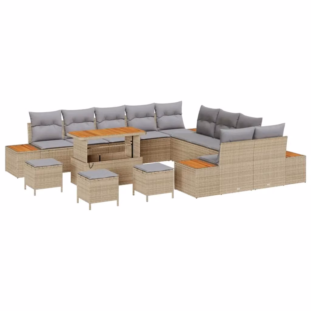 Set Divano da Giardino Moderno vidaXL a Forma a U con 14 Pezzi, Colore Grigio e Beige, in Acciaio Verniciato a Polvere e Legno di Acacia con Cuscini Inclusi – 2