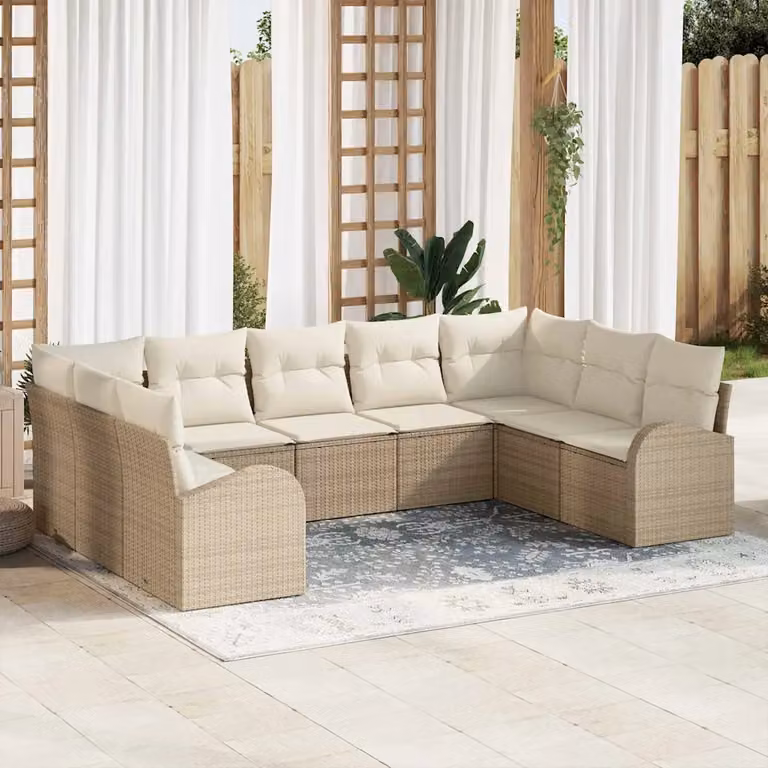 Set di divani da giardino vidaXL 9 posti beige con cuscini in tessuto resistente ai raggi UV e struttura in acciaio e rattan