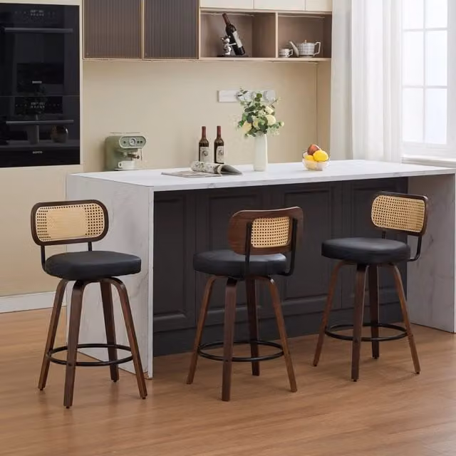 Sgabelli da bar girevoli, 3 pezzi con schienale in rattan, seduta in PU e gambe in legno color noce e nero