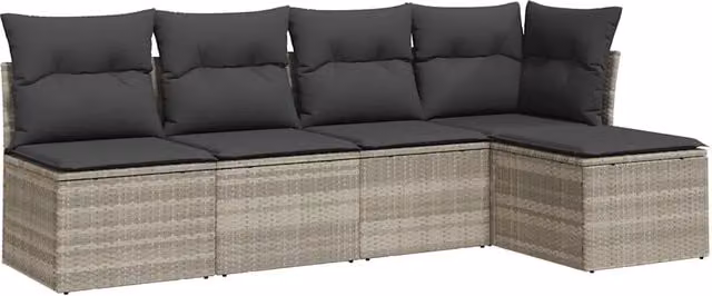 Set Divano da Giardino 5pz | Set Salotto da Giardino con Cuscini Grigio Chiaro Polyrattan