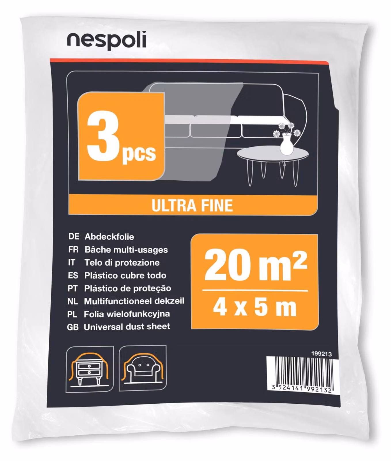 Set Nespoli con 3 teli protettivi, dimensioni 4 x 5 metri, per proteggere mobili e arredamento