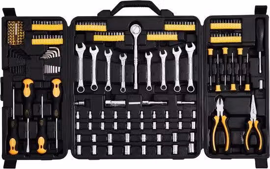 Set professionale per meccanici: cassetta degli attrezzi con punte, cacciaviti, chiavi inglesi e pinze, con misure SAE e metriche, inclusa valigetta per il trasporto, colore nero/giallo