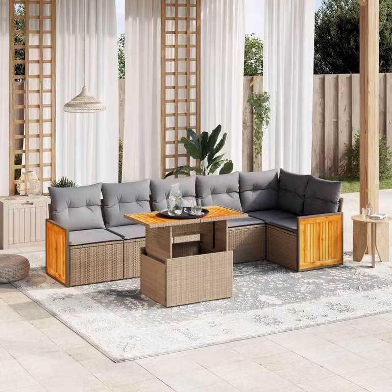 Set Divani da Giardino vidaXL 7 pz in Polyrattan Beige con Cuscini e Tavolino da Caffè