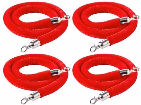 VEVOR Corde per Pali di Controllo della Folla in Velluto Rosso con Ganci Argentati, Set da 4 Pezzi, Lunghezza 1,5 m