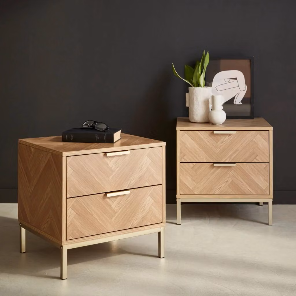 Set di 2 comodini Sweeek in legno e metallo con design geometrico moderno, marrone opaco – 2