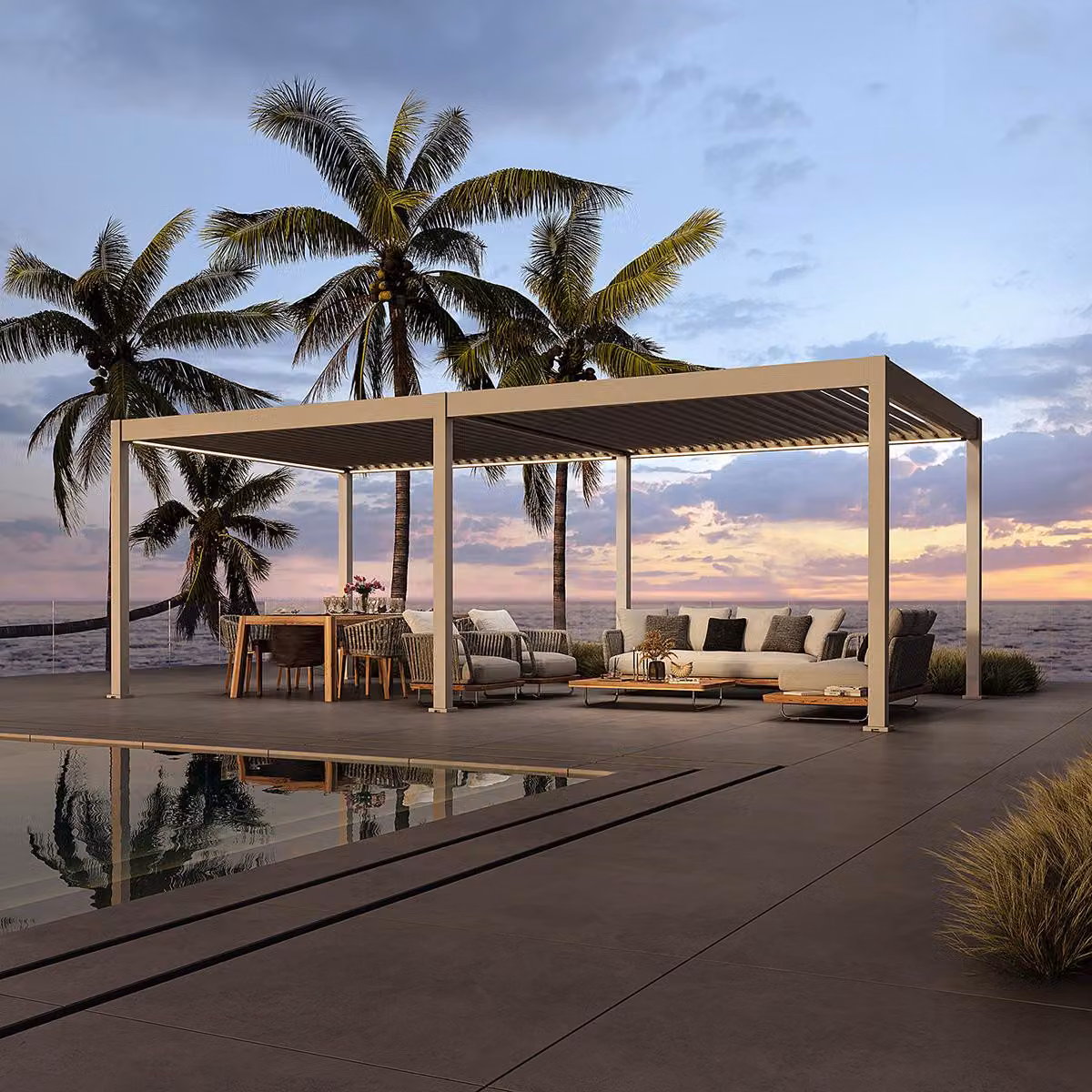 Pergola elettrica Weide E-Deluxe interamente in alluminio, 3,6x7,2 m, con tetto a lamelle color Ivory Sand