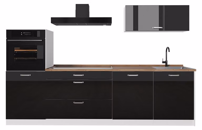 Cucina componibile Vicco R-Line Nero lucido/Bianco 280 cm piano di lavoro Rovere dorato, Model 66502