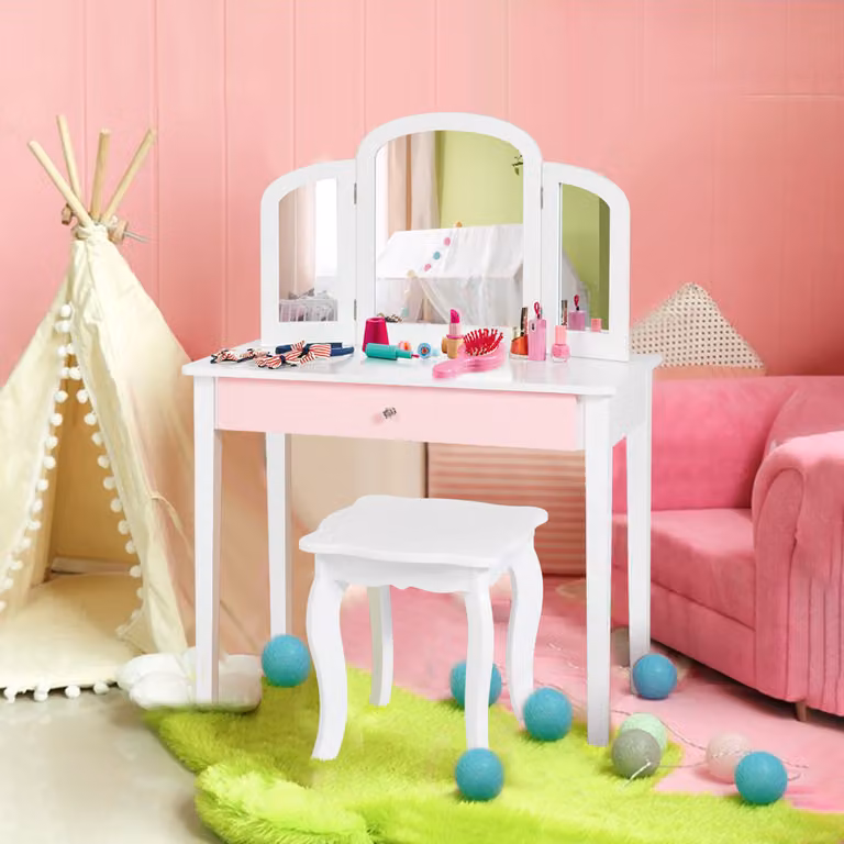Set toeletta e scrivania 2 in 1 per bambini Costway con specchio tripartito e cassetto, Bianco
