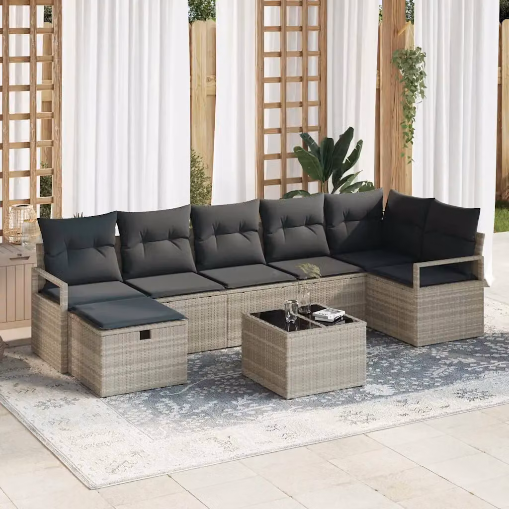 Set di divani da giardino vidaXL a 8 posti in rattan con cuscini grigi e struttura in acciaio – 1