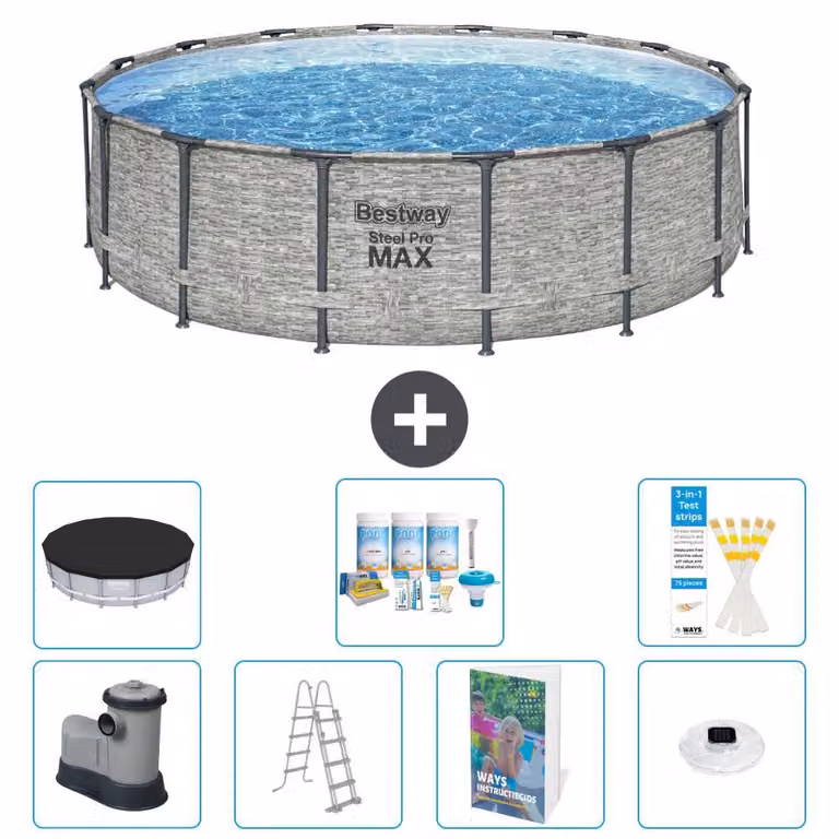 Bestway Steel Pro MAX, piscina in acciaio, forma rotonda, dimensioni 488x122 cm, composta da 6 parti, modello S576